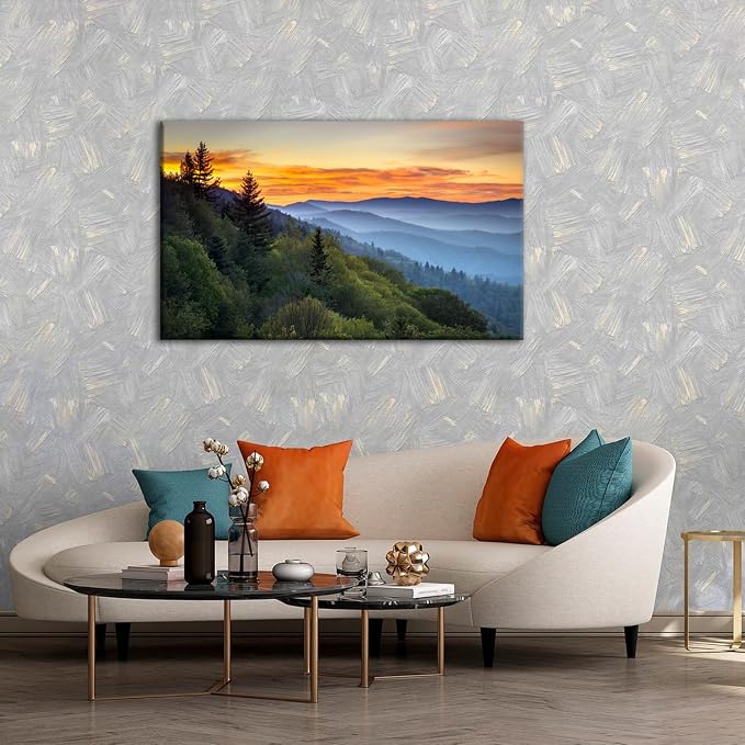 Large Nature Wall Art Great Smoky Mountains Canvas Pictures for Bedroom National Park Foggy Forest Wood Framed Painting Sunrise Photo Artwork Misty Landscape Living Room Dinner Home Decorations 32x48
