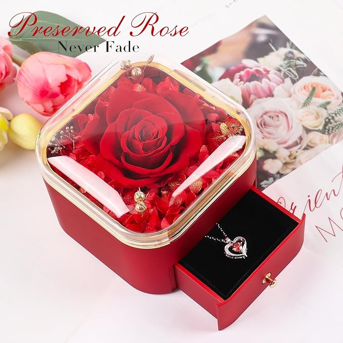 Beferr Gifts for Mom Preserved Real Rose with Red Necklace Eternal Roses Forever Flowers for Delivery Christmas Anniversary Birthday Mothers Day Flowers for Women Her Grandma Wife Daughter Girlfriend