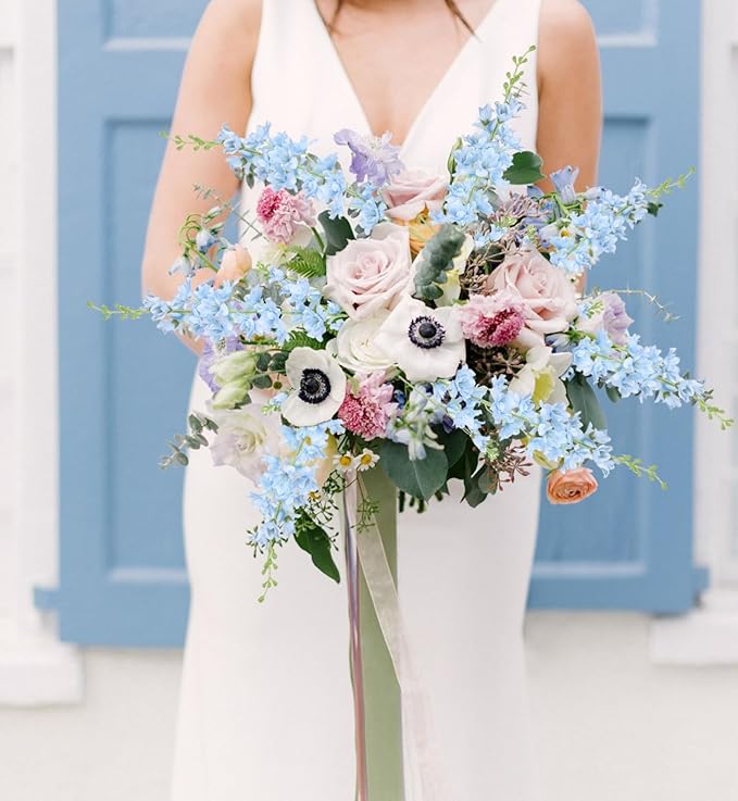 Light Blue Delphinium Artificial Flowers,8PCS Long Stem Fake Larkspur Flowers 33.5'' Faux Delphinium Bulk for Tall Vase Home Wedding Garden Table Decor (Light Blue)