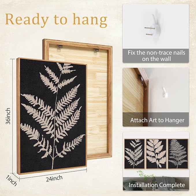 SIKERIC Vintage Black Tan Fern Leaf Wall Art, Nature Minimalis Leaves Framed Canvas Art Print Set of 3, Modern Fern Silhouette Wall Decor, Large Plant Artwork for Living Room, Bedroom, Office-24x36
