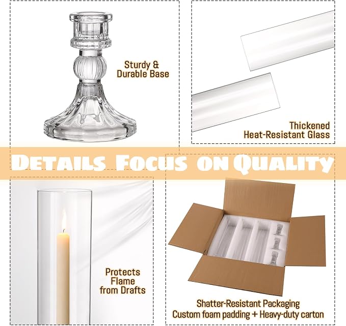 6 Set Hurricane Glass Candle Holders for Taper Candles, Vertical Striped Candlestick Holders with Windproof Glass Tubes 13.4" H for Wedding, Dinner Table Centerpieces, Festival and Party Decor