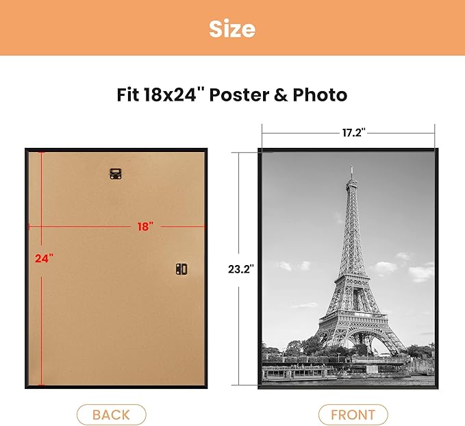 upsimples 18x24 Picture Frame Black 3 Pack, Scratch-Proof Poster Frames 18 x 24 for Photo Gallery - Slide-In Strips, Horizontal or Vertical Wall Mounting