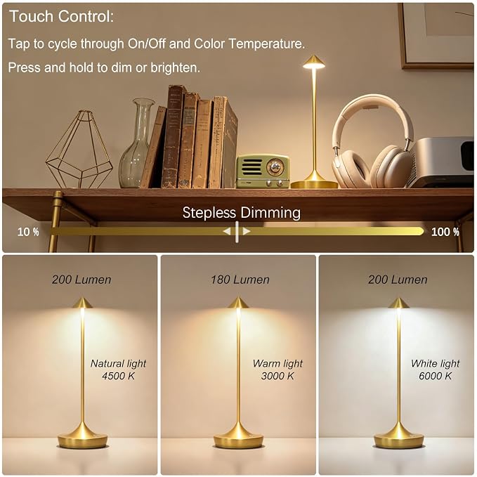 Rechargeable Cordless Table Lamp, Battery Operated LED Lamps | 3-Color Stepless Dimmable, Portable IP54 Waterproof Outdoor Lamps for Patio Dining Bar Home Office ( 1-Pack Glossy Gold)