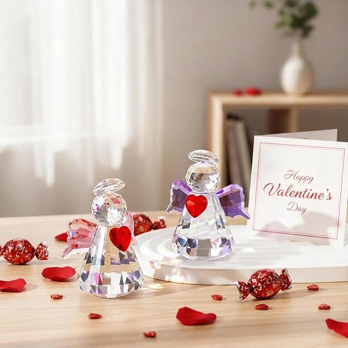 HDCRYSTALGIFTS Set 2 Crystal Guardian Angel Figurines Collectibles,2.5'' Glass Angel Ornaments for Galentines/Valentine’s Day Home Dollhouse Statues Decor Gifts for Women