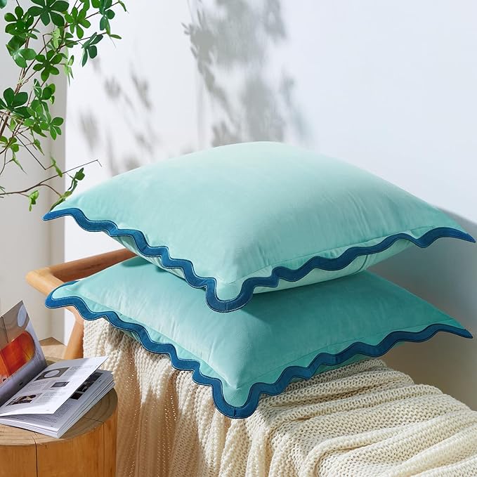 MONDAY MOOSE Decorative Throw Pillow Covers Cushion Cases, Set of 2 Soft Velvet Scalloped Wavy Edge Designs, Mix and Match for Home Decor, Pillow Inserts Not Included (18x18 inch, Blue/Light Blue)