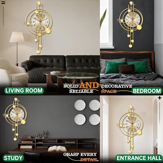 Wall Clock with Pendulum, Silent Non-Ticking Quality Quartz Battery Operated, Round Analog Large Wall Clock for Living Room Kitchen Bathroom Bedroom Wall Home Decor, 16.2x29.2inch, Golden