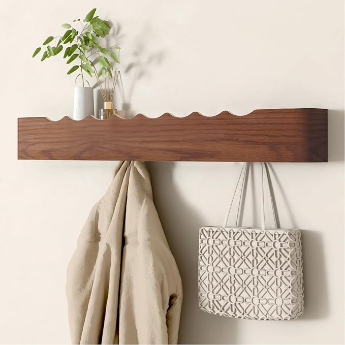 Wall Mounted Coat Rack with Shelf, Wooden Entryway Organizer with Hidden Metal Hooks for Hanging Coats Bags Keys, Modern Floating Shelf for Hallway Bathroom