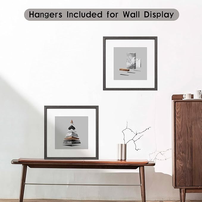 MUYE Square 12x12 Floating Frame in Gray,Double Glass Picture Frame for Wall Mount or Tabletop Standing with Hanging Hardware Included,Display Photo up to 12x12,2 Pack