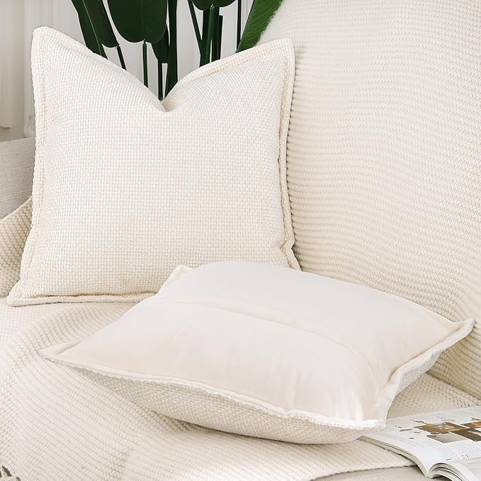 MADIZZ Decorative Chenille Velvet Throw Pillow Covers Set of 2 Soft Boho Textured Neutral Couch Throw Pillow for Bed Modern Farmhouse Home Decor for Sofa Livingroom Cream 16x16 Inch