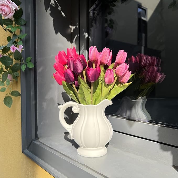 Artificial Fake Flowers for Spring Summer Outdoor Decoration,6 Bundles Realistic UV Resistant Silk Fabric Colorful Tulip Faux Plants for Outside Planter Home Porch Patio Decor(Pink Purple)