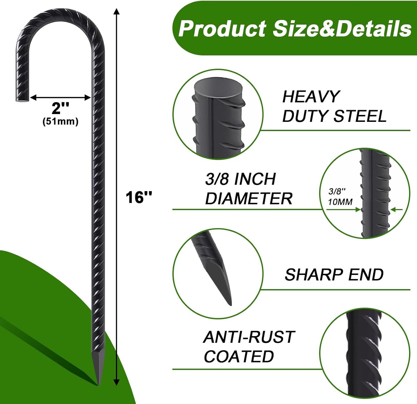 AAGUT 16 Inch 8 Pack Rebar Stakes 3/8" Heavy Duty J Hook Chain Link Fence Stakes with Chisel Point End Steel Ground Anchors for Tent and Outdoor Decorations, Black Coated