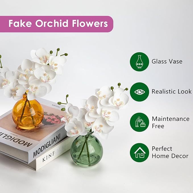 White Orchids Artificial Flowers Faux Orchid Arrangement with Amber Glass Vase Set of 2 Real Touch Phalaenopsis Orchid Flowers Orchid Centerpiece for Dining Room Table