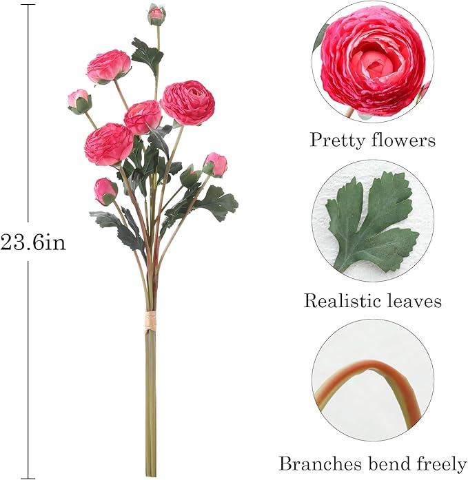 6Pcs Realistic Silk Pink Ranunculus Artificial Flowers Long Stems, 23.6" Tall Fake Flowers Faux Flowers Suit for Year-Round Home Decoration, Wedding, Bridal Bouquets, Office