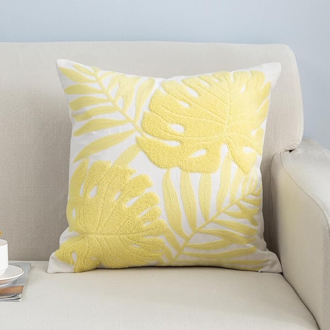 Embroidery Throw Pillow Covers 18x18 Floor Pillow Cover for Couch Bed Room Chair 100% Cotton Loop Embroidered Light Yellow Tropical Leaves Cushion Cover Square Pillow Case 45x45cm, 1 Piece
