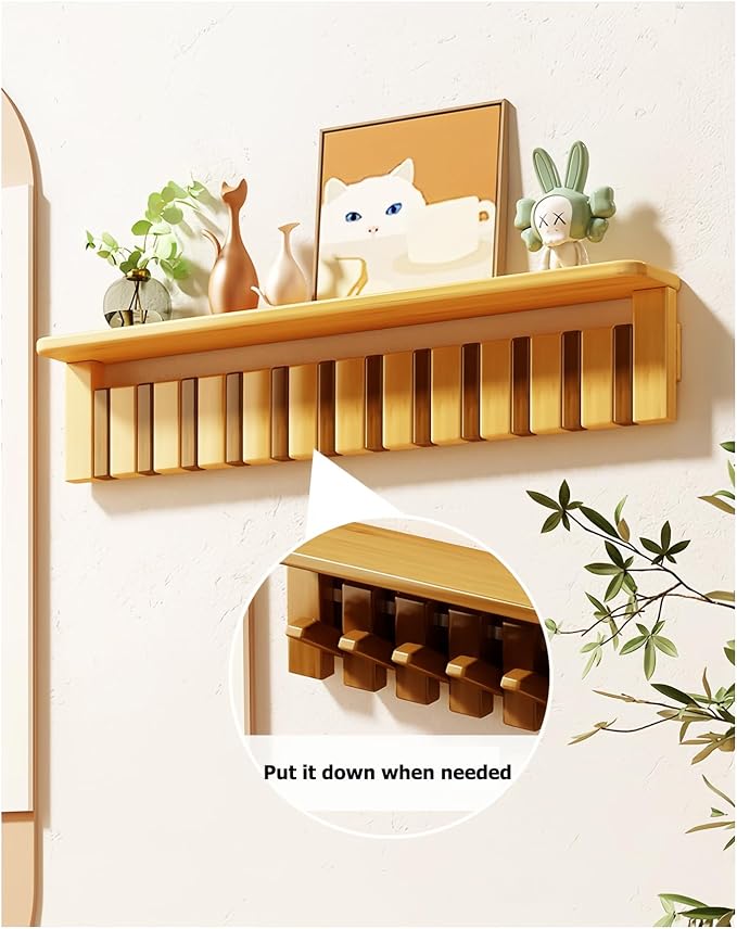 Wall Mounted Coat RackHooks Piano Key Hangers Natural Solid Wood Hanger Non-Woven Fabric Clothes Hangers for Closet, Kitchen, Bedroom, Bathroom, Entryway (Tray-Beech, 8 Hooks)