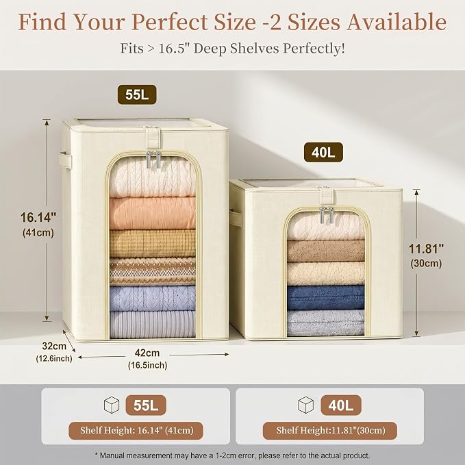 GoMaihe Clothes Storage Bins with Metal Frame, 40L Sweater Storage Boxes for Above Shelf Closet, 4 Pack Stackable Clothing Storage Organizer with Clear Window for Jeans Hoodies T-shirt – Beige