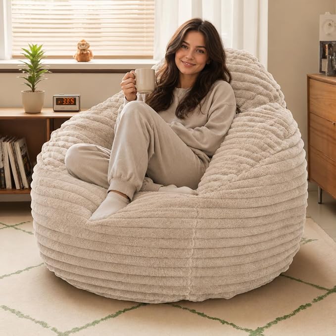 Simple Deluxe 3.25 ft Faux Fur Memory Foam Bean Bag Chair, Large Comfy Lazy Chair for Adult with Memory Foam Filled & Washable Cover, Perfect for Reading Gaming in Living Room Bedroom, Taupe