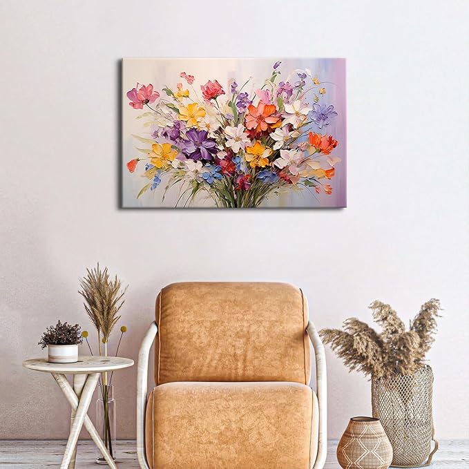 Floral Botanical Wall Art Wildflowers Bouquet Wall Decor for Bathroom Colorful Daisy Poppy Oil Painting Style Canvas Print Aesthetic Flower Picture Blossom Plants Artwork Bedroom Home Decoration