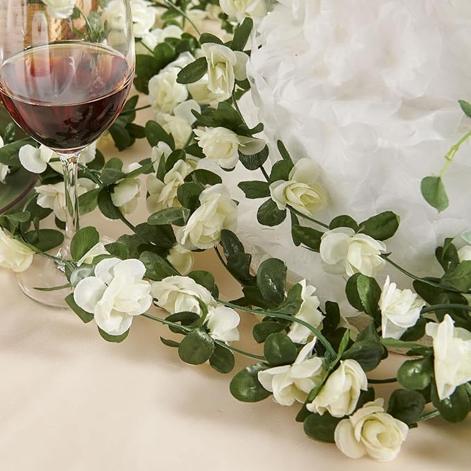 PONKING 6 Pcs x 8.2 ft Flower Garland Artificial Rose Vine Flowers with Green Leaves Hanging Fake Roses Vine for Room Party Home Wedding Birthday Christmas Wall Arch Decor, Spring White Flower