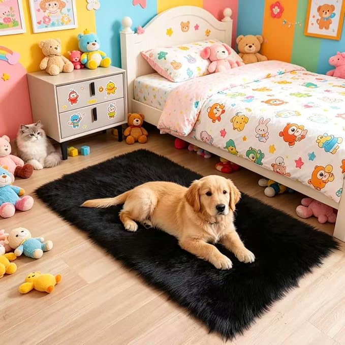 Faux Fur Rug Fluffy Sheepskin Area Rug,Ultra Soft Shaggy Plush Rug Bedroom Living Room Sofa Floor Kids Room Bedside（2 x 4 ft Rectangle Black）