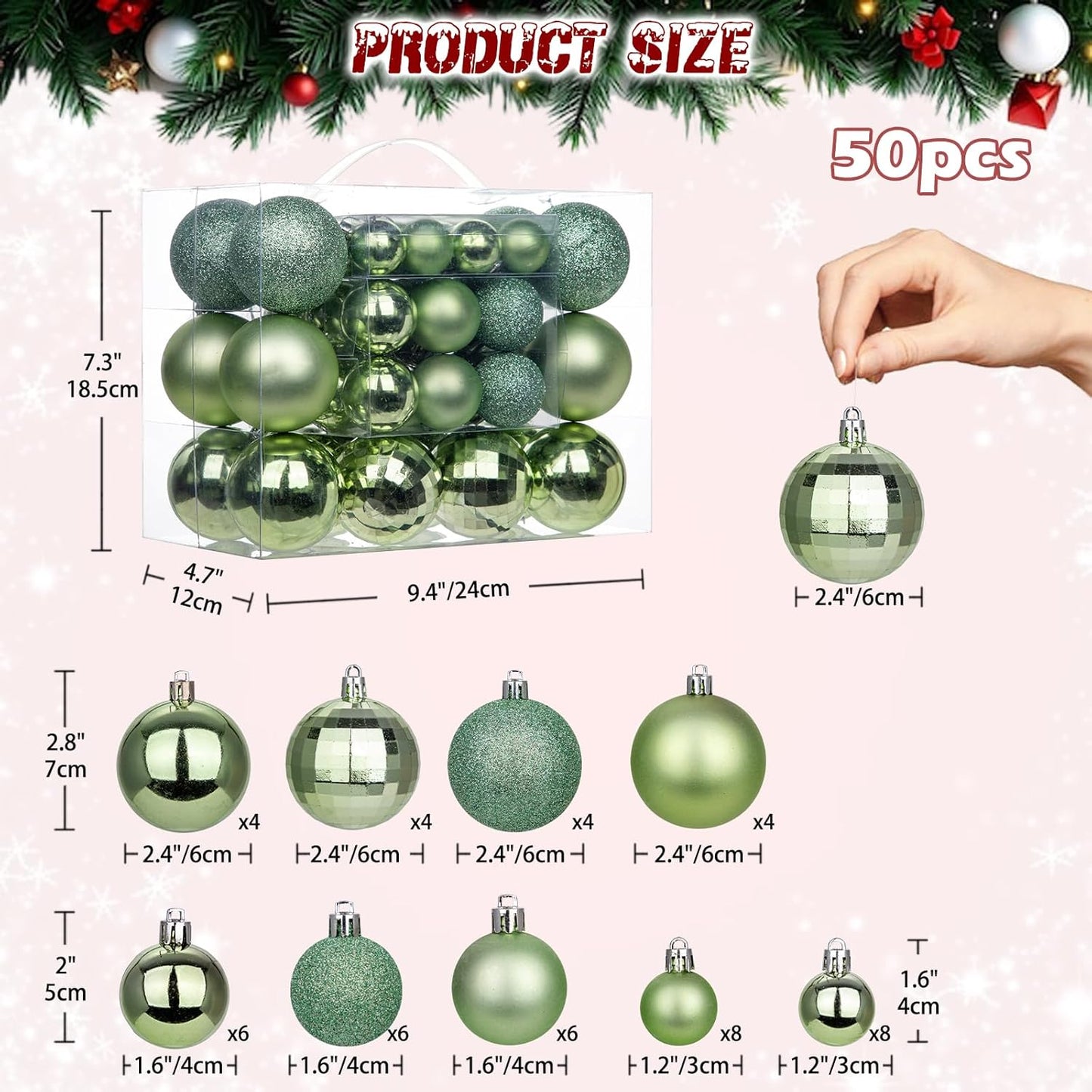 50pcs Christmas Ball Ornaments Green Small Shatterproof Christmas Tree Decorations Xmas Tree Ornaments Balls with Hanging Loop for Wedding Holiday Party Wreath Home Decor