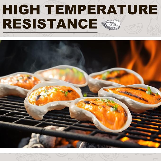 Reallnaive 12 Pcs Ceramic Oyster Shells Reusable Oyster Grilling Shells Large Clam Baking Dish Platter Plate for Cooking Shrimp Scallops Clams Seafood of All Kind
