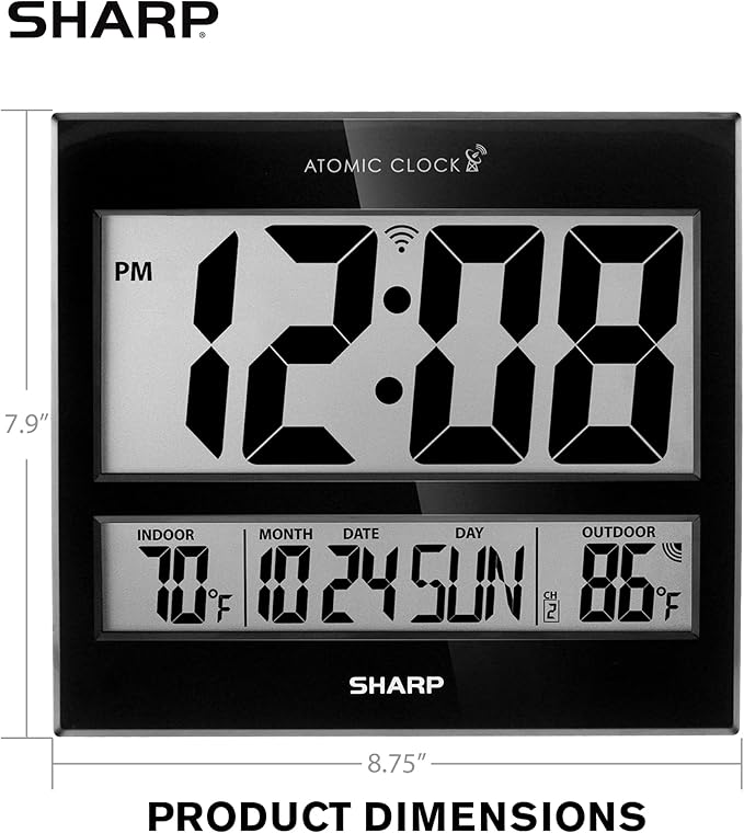Sharp Atomic Clock – Never Needs Setting, Jumbo 3” Easy-Read Display, Indoor & Outdoor Temperature with Wireless Sensor, Large Digital Wall or Desk Clock, Battery Operated, Auto Atomic Time Sync
