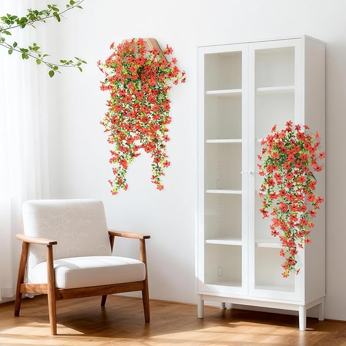 Artificial Fake Hanging Flowers Plants for Outdoor Spring Summer Decoration,2 PCS Faux Silk Daisy with Eucalyptus Leaves,UV Resistant Look Real for Outside Home Planter Porch Patio Balcony Yard Decor