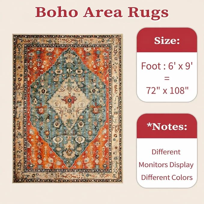 SERISSA Washable Rugs 6x9 Area Rugs, Large Non-Slip Boho Living Room Rug, Ultra Soft Vintage Print Distressed Oriental Tribal Farmhouse Carpet for Dining Room Bedroom Dorm Office Home Decor