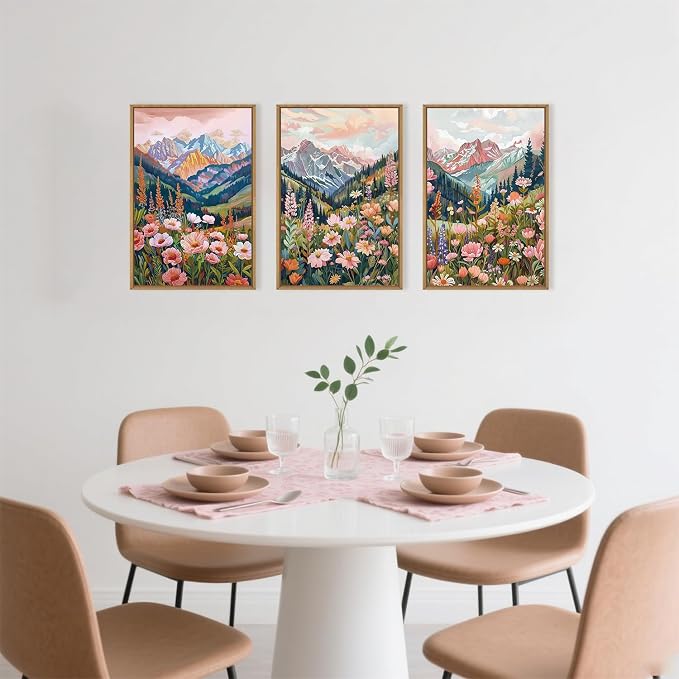 Aryroi Boho Vibrant Spring Mountain Wildflower Framed Canvas Wall Art Set,Colorful Natural Flower Forest Wall Decor,Modern Pink Floral Botanical Landscape Artwork for Living Room,Office,Farmhouse- 24"x36"x3