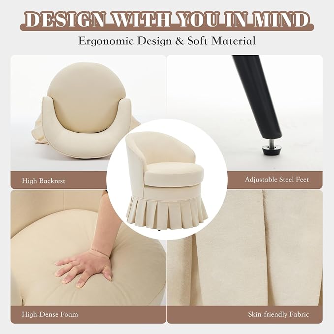 GarveeHome Vanity Stool, Upholstered Tall Back Arm Chair w/Side Pockets, Wood Legs Comfortable Dressing Piano Bench Chair for Vanity for Makeup Room, Bathroom