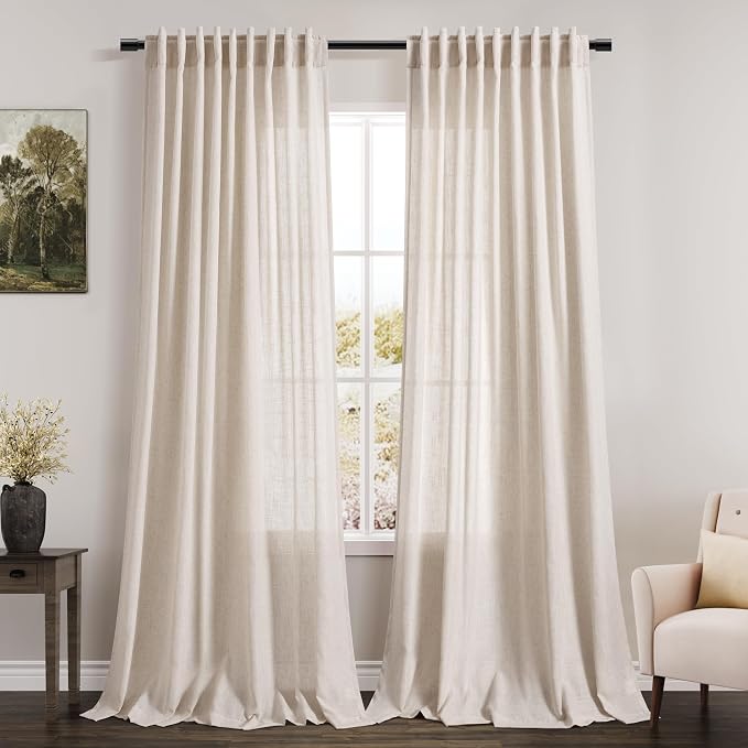 Nanspring Beige Linen Curtains 84 Inches Long for Bedroom Back Tab Light Filtering Privacy Sheer Linen Curtains Modern Farmhouse Coastal Decor Cotton Textured Gauze Curtain 2 Panel Set 70x84