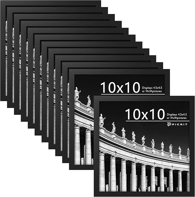 Picrit 10x10 Picture Frame Set of 12, Display 5x5 with Mat or 10x10 without Mat, Photo Frames for Wall Mounting Display, Black