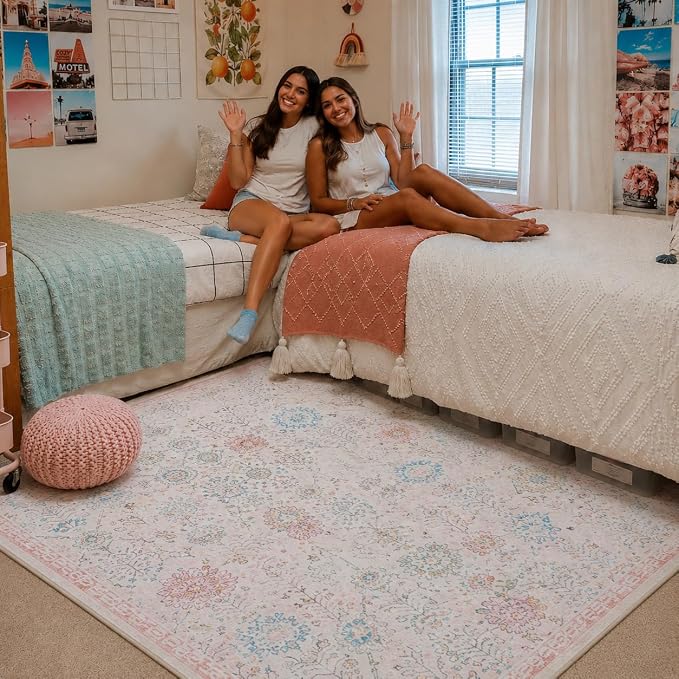 Lahome Flavie Classroom Rug 8x10, Soft Washable Rug for Dorm Room, Non Slip Low Pile Boho Floral Carpet for Bedroom, Playroom, Nursery, Kids Room and Classroom Decor, Beige