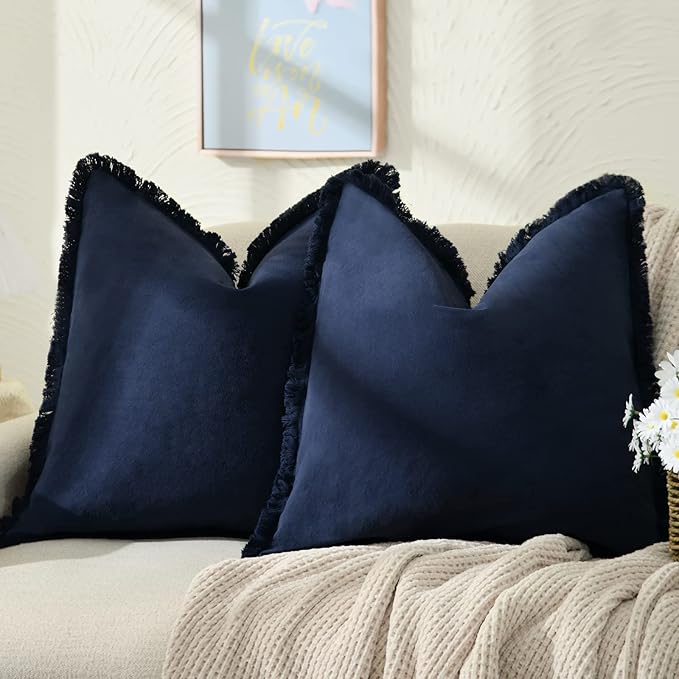 ZWJD Pillow Covers 20x20 Set of 2 Navy Throw Pillow Covers with Fringe Chic Cotton Decorative Pillows Square Cushion Covers for Sofa Couch Bed Living Room Farmhouse Boho Decor