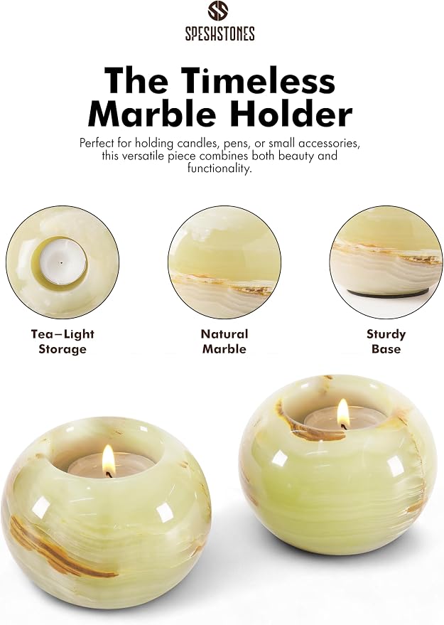 Marble Tealight Candle Holder 3.5 Inch Green Onyx Stone Votive Candle Holders for Tables Centerpieces Decor - Decorative Candles Holders for Wedding Gifts