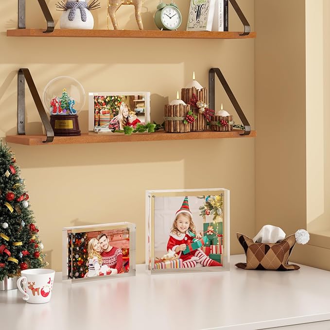 Egofine 5x5 Acrylic Frames 6 Pack,20mm Thicker Frameless Clear Picture Frames, Double Sided Magnetic Picture Frames, Free Standing Desktop Display