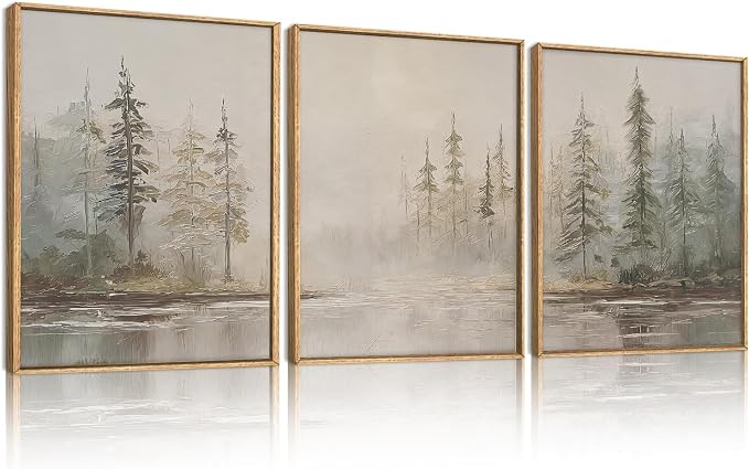 HPNIUB Modern Misty Pine Tree Framed Wall Art Set,Neutral Abstract Landscape Wall Decor,Nature Foggy Forest Art Print,Textured Beige Rustic Farmhouse Artwork for Living Room, Bedroom,Office-12 x16 x3