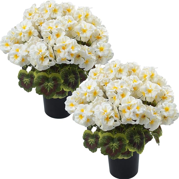 lovemoon 2 Pcs Geranium Potted Artificial Flowers, Fake Geraniums Plants UV Resistant Silk Potted Plants for Outdoor Home Décor Office Porch Garden Decor (2, White)