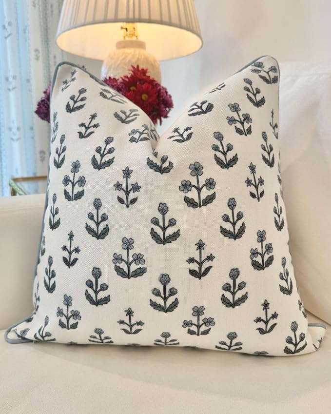 Jillien Harbor "The Beau” Floral Block Print Pillow Cover – Blue Decorative Throw Pillow Cover with White Background – Grandmillennial Home Decor, 20" x 20"