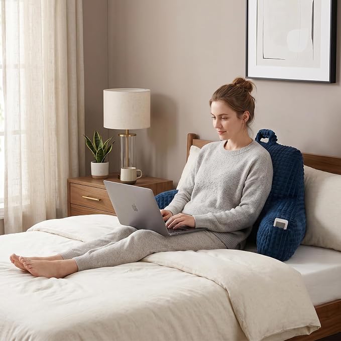Reading Pillow with Arms for Bed Sitting,Blue Flannel | Large Supportive Backrest with Arms Helps Ease Neck,Shoulder & Arm Strain While Gaming Reading or Watching TV