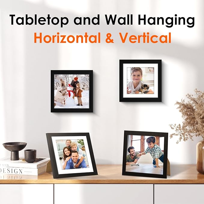 FIXSMITH 6x6 Picture Frame Set of 2, Photo Frame with HD Plexiglass, Display Pictures 4x4 with Mat or 6x6 Without Mat Multi Picture Frames Collage for Tabletop or Wall Display, Black