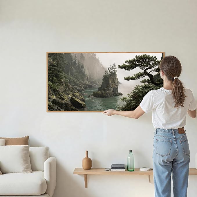 Rantodecor Coastal Forest Framed Canvas Wall Art, Pacific Northwest Coast landscape Wall Decor, Nature PNW Mountain Sea Art Paintings, Sage Green Pine Artwork for Bedroom Living Room Office 40"x20"