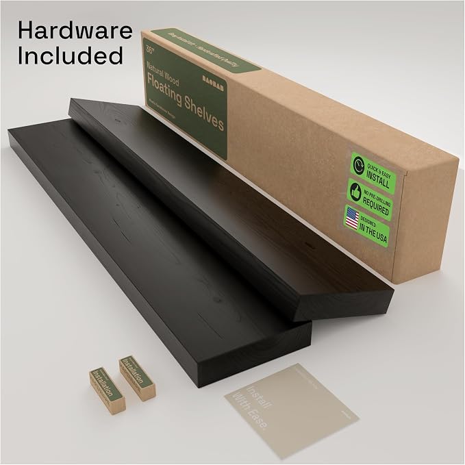 Solid Wood Floating Shelves for Wall 36 Inches Long, Black Wooden Shelf | Real Wood, 36 Inch, Heavy Duty, Wall Mounted, Bathroom Shelves Large, Bedroom Kitchen, Black Finish, 36W × 6.7D, Set of 2