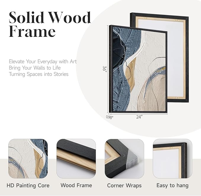Large Framed Abstract Wall Art for Living Room, Set of 3 Modern Canvas Artwork for Wall, Blue Gray Minimalist Prints Paintings for Bedroom Hallway Office Wall Decor, 24x36 Inch