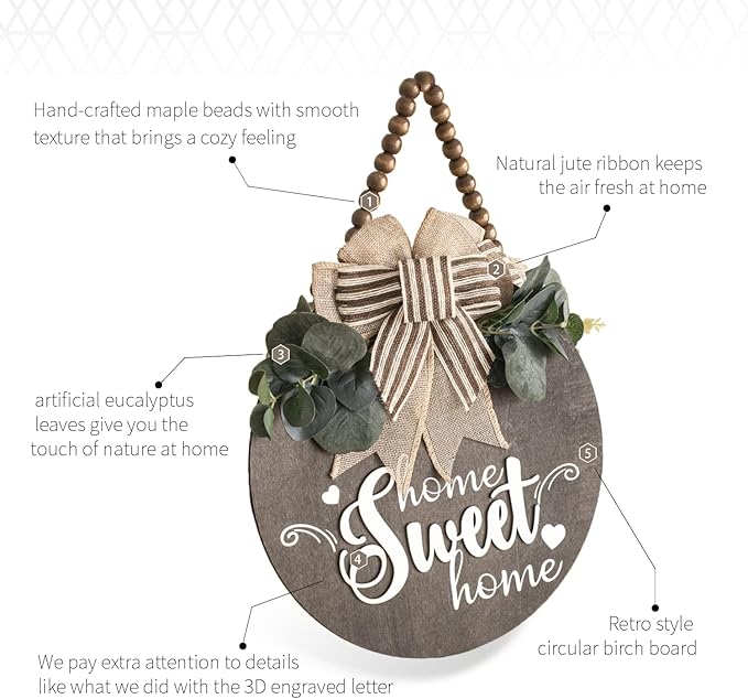 Welcome Sign for Front Door 3D Wooden Wreath Front Porch Decor Hanging for Farmhouse Home Outside Indoor (Brown-Sweet)