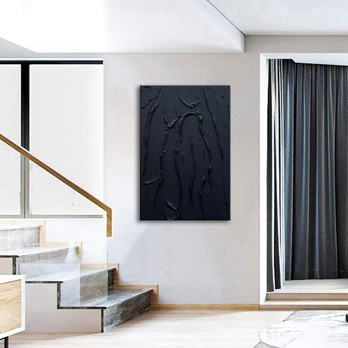 zoinart Hand Painted Pure Black Wall Art Minimalist Oil Painting 24x36 Inches Vertical Thick Textured Wall Art Home Office Decoration