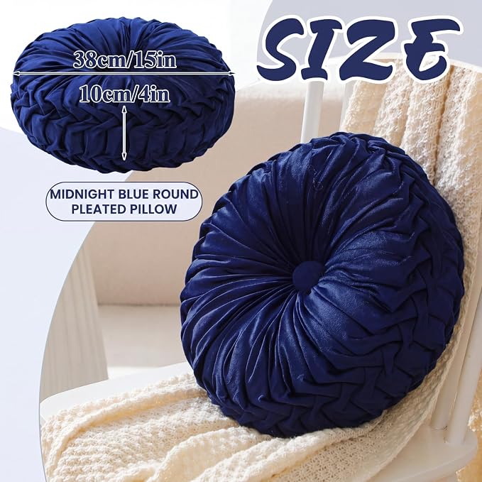 Drydiet 1 Pcs Round Throw Velvet Pillows Decorative Pleated Throw Pillows Diameter Accent Pumpkin Boho Chair Cushion for Couch Sofa Home Decoration (Navy Blue,15'')
