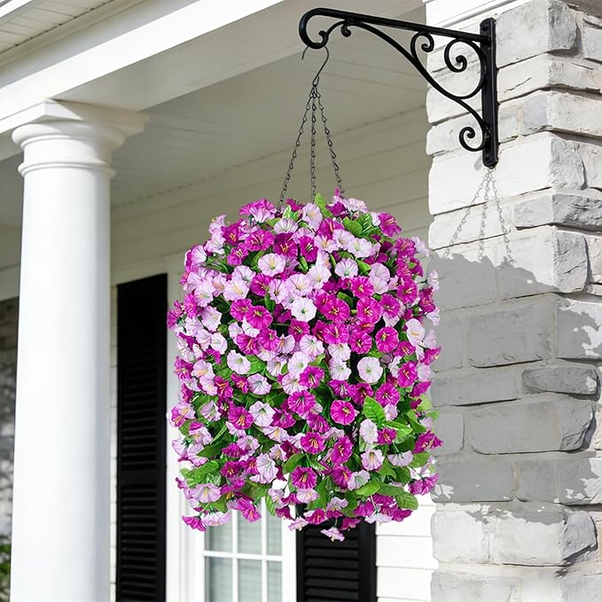 INXUGAO Artificial Flowers with Hanging Basket, Outdoor Faux Plants Silk Morning Glory Vines, Fake Green Arrangement for Garden Patio Spring Summer Decor(4pcs,Darkorchid)