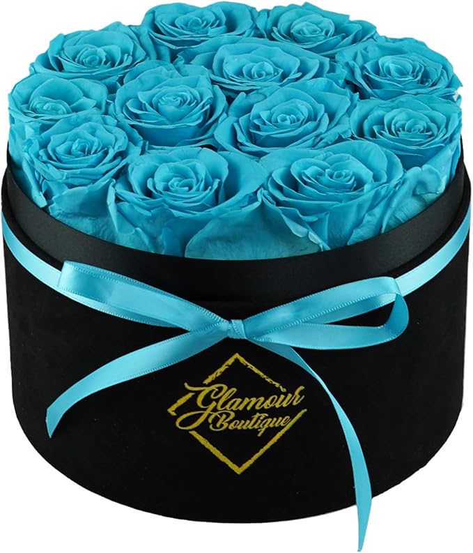 GLAMOUR BOUTIQUE Flowers Forever Gift Box, 12 Real Preserved Roses in Velvet Box, Floral Gift for Her, Mom or Wife for Birthday, Mother’s Day, Anniversary or Graduation, Teal (Color-Treated)
